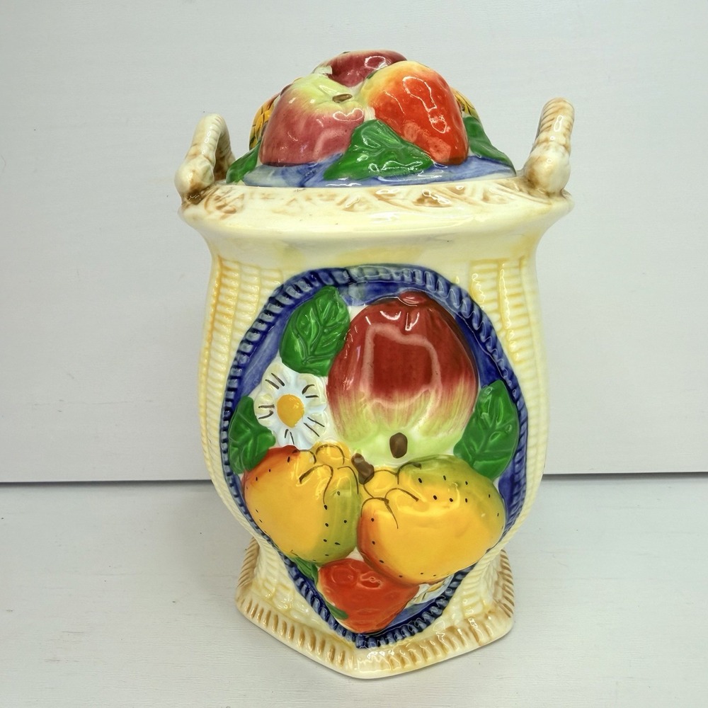 Vintage Ceramic Basket Of Fruits Mini Cookie Jar 8" X 4"